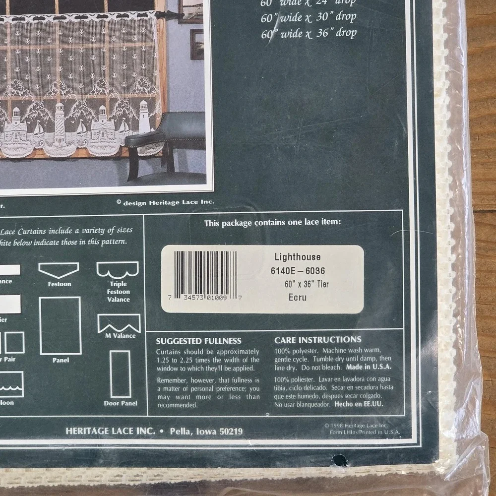 Vintage Heritage Lace Lighthouse Tier Curtain 60x36 Ecru NOS Nautical USA